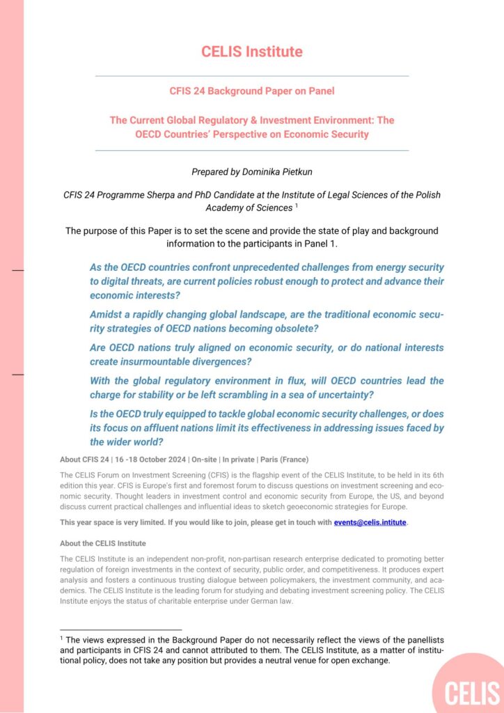 CFIS 24 Background Paper on Panel: The Current Global Regulatory & Investment Environment: The OECD Countries’ Perspective on Economic Security